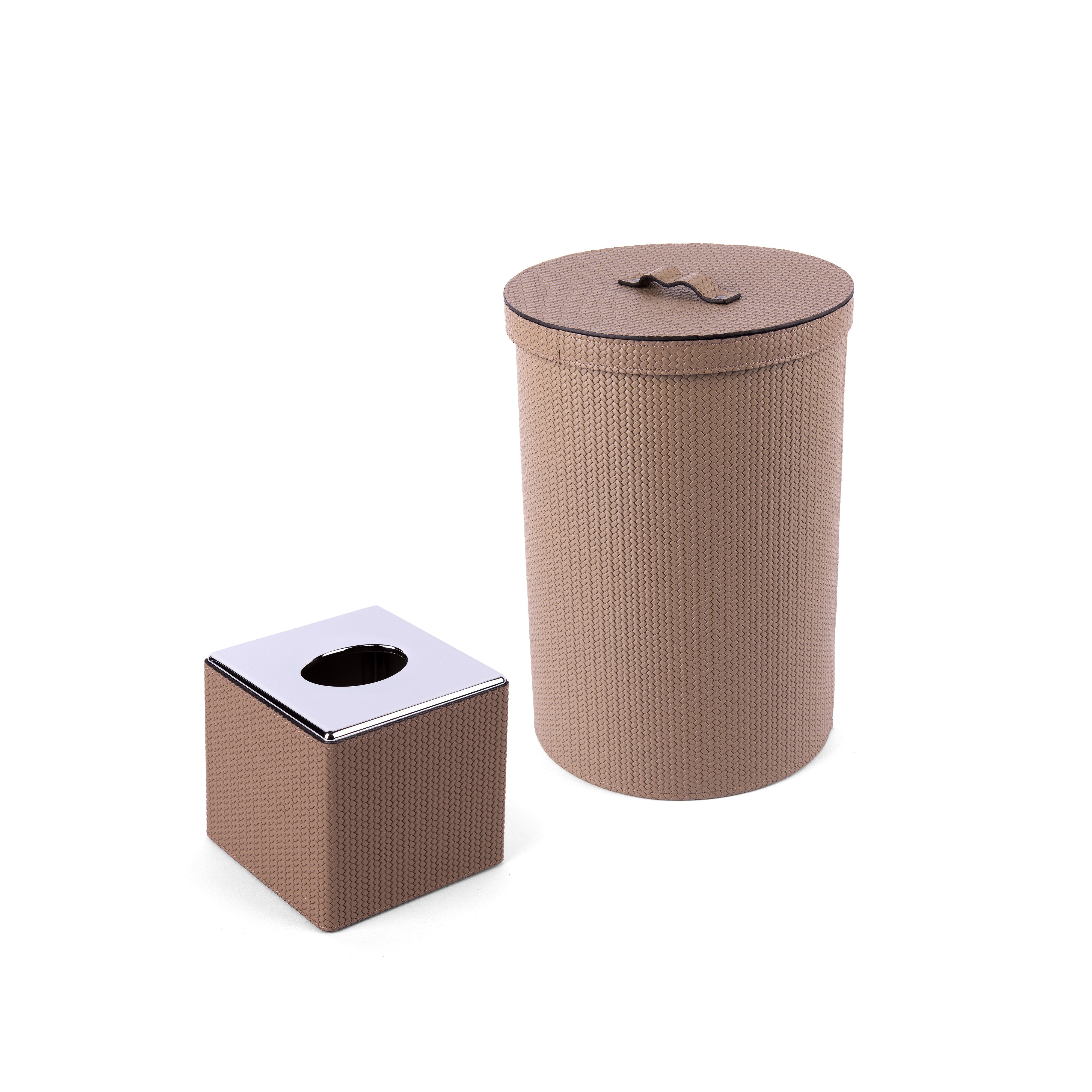 Pinetti. A Set of Woven leather Tissue Box & Round Wastebasket with Lid