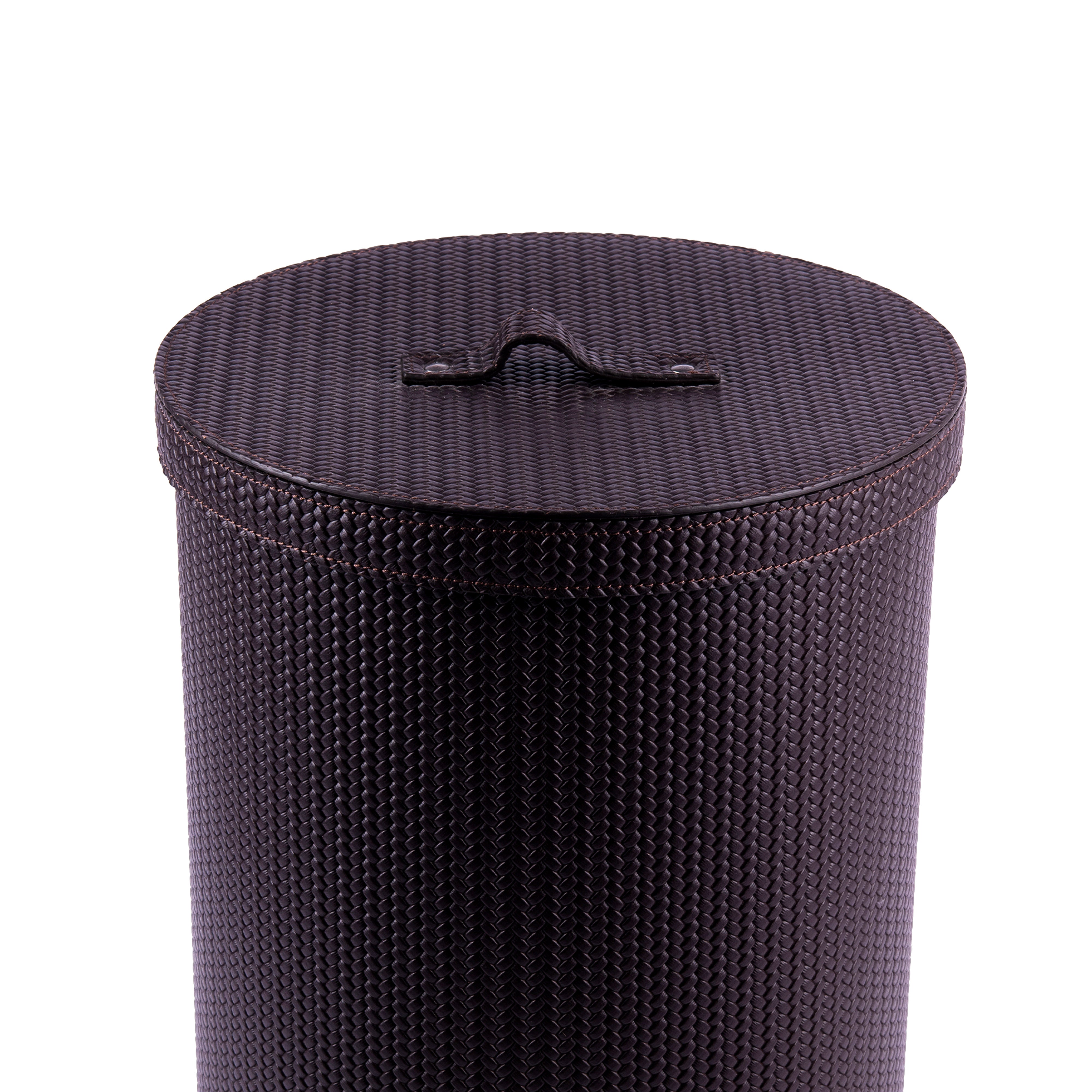 Pinetti. A Set of Dark Brown Woven Leather Tissue Box & Round Wastebasket with Lid
