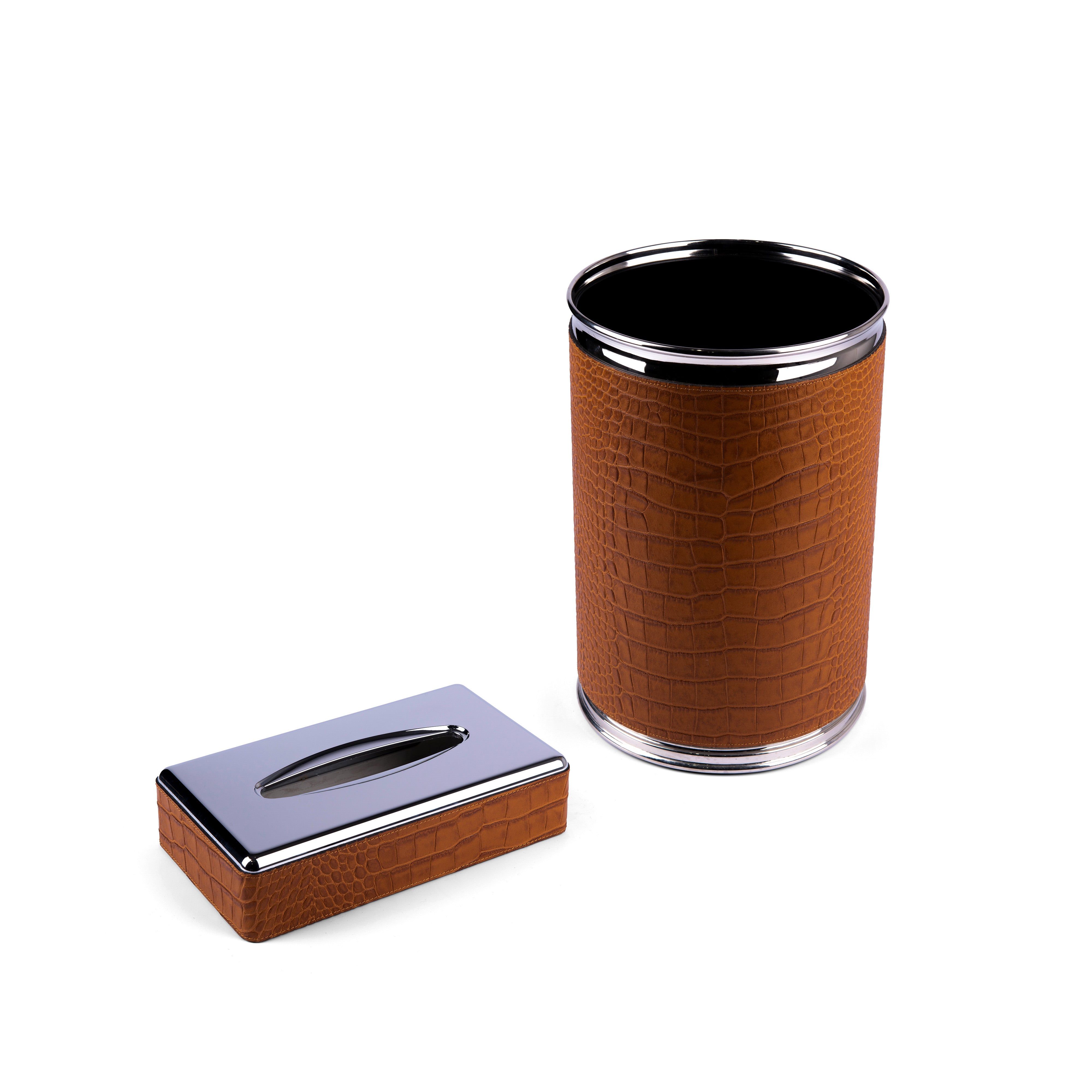 Pinetti. A Set of Brown leather Tissue Box & Round Waste Basket