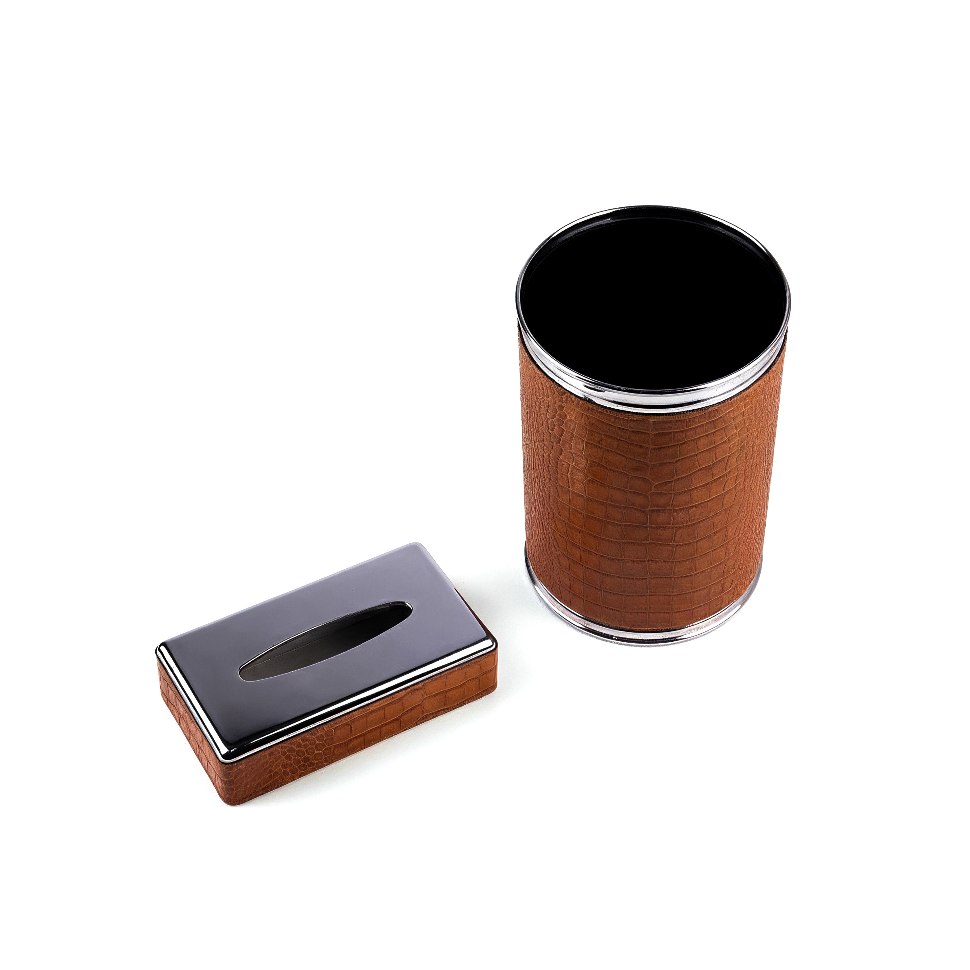 Pinetti. A Set of Brown leather Tissue Box & Round Waste Basket