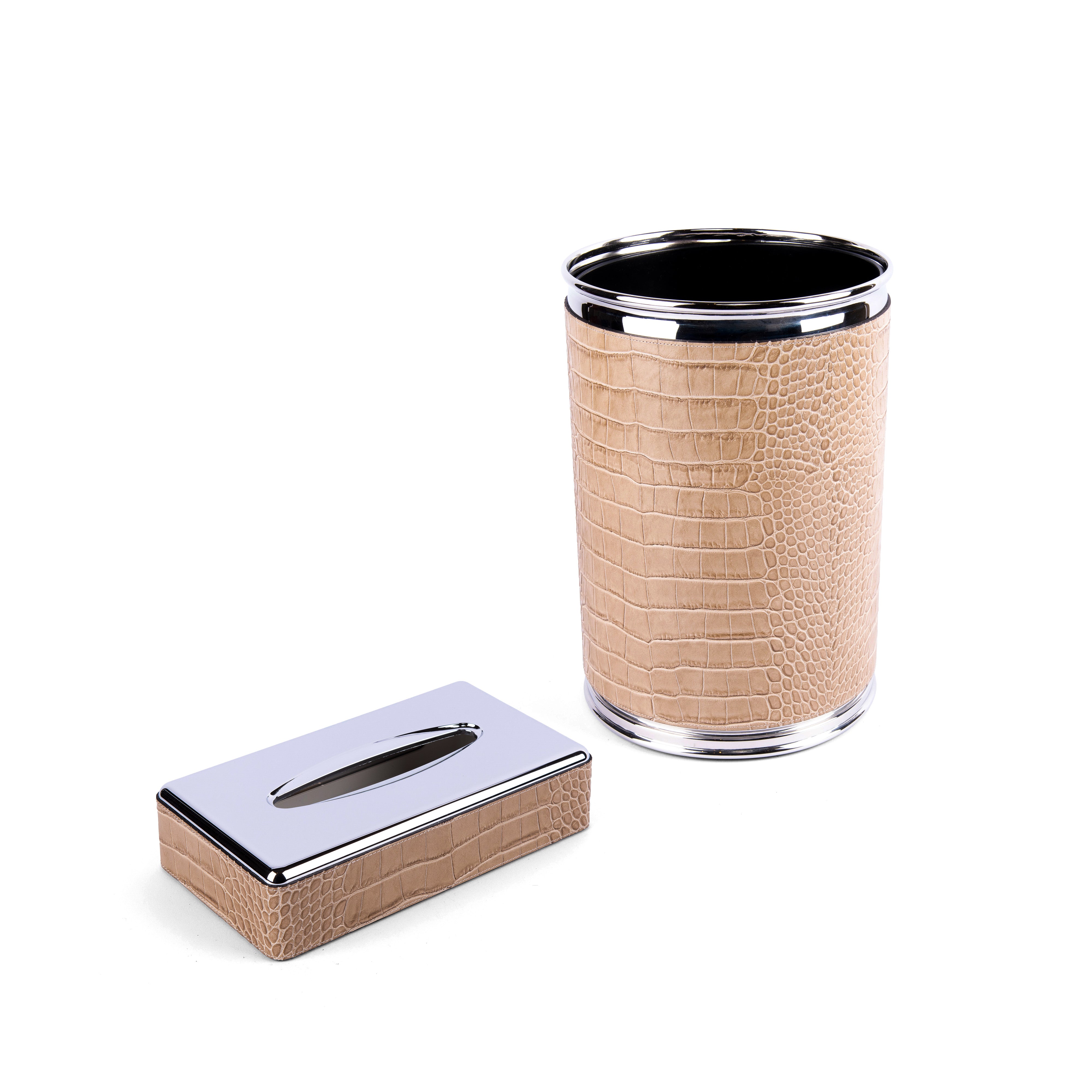 Pinetti. A Set of Tissue Box & Round Waste Basket Made of Leather and Stainless Steel