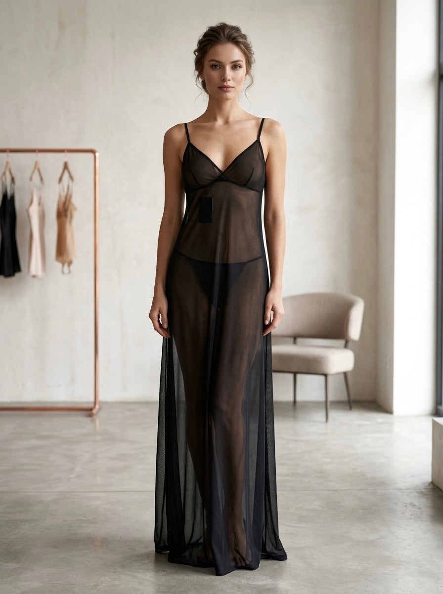 Black Sheer Full-Length Nightgown