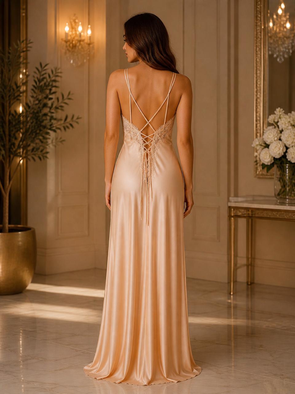 Champagne Lace-Panel Nightgown and Robe Set
