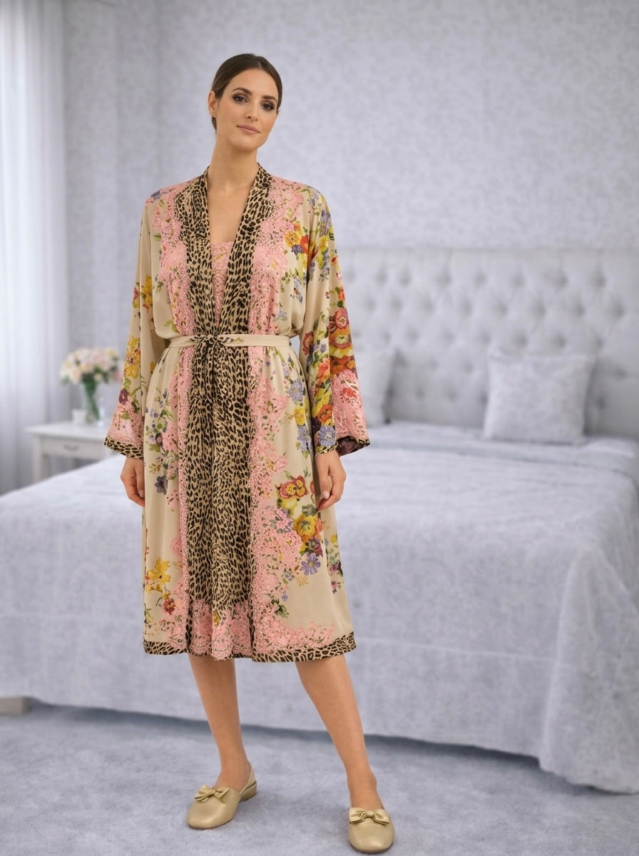 Cream Floral Leopard-Print Tie-Waist Nightgown & Robe Set