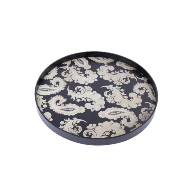 Notre Monde. Moroccan Rounded Wooden Serving Tray with Floral Design. Large Size