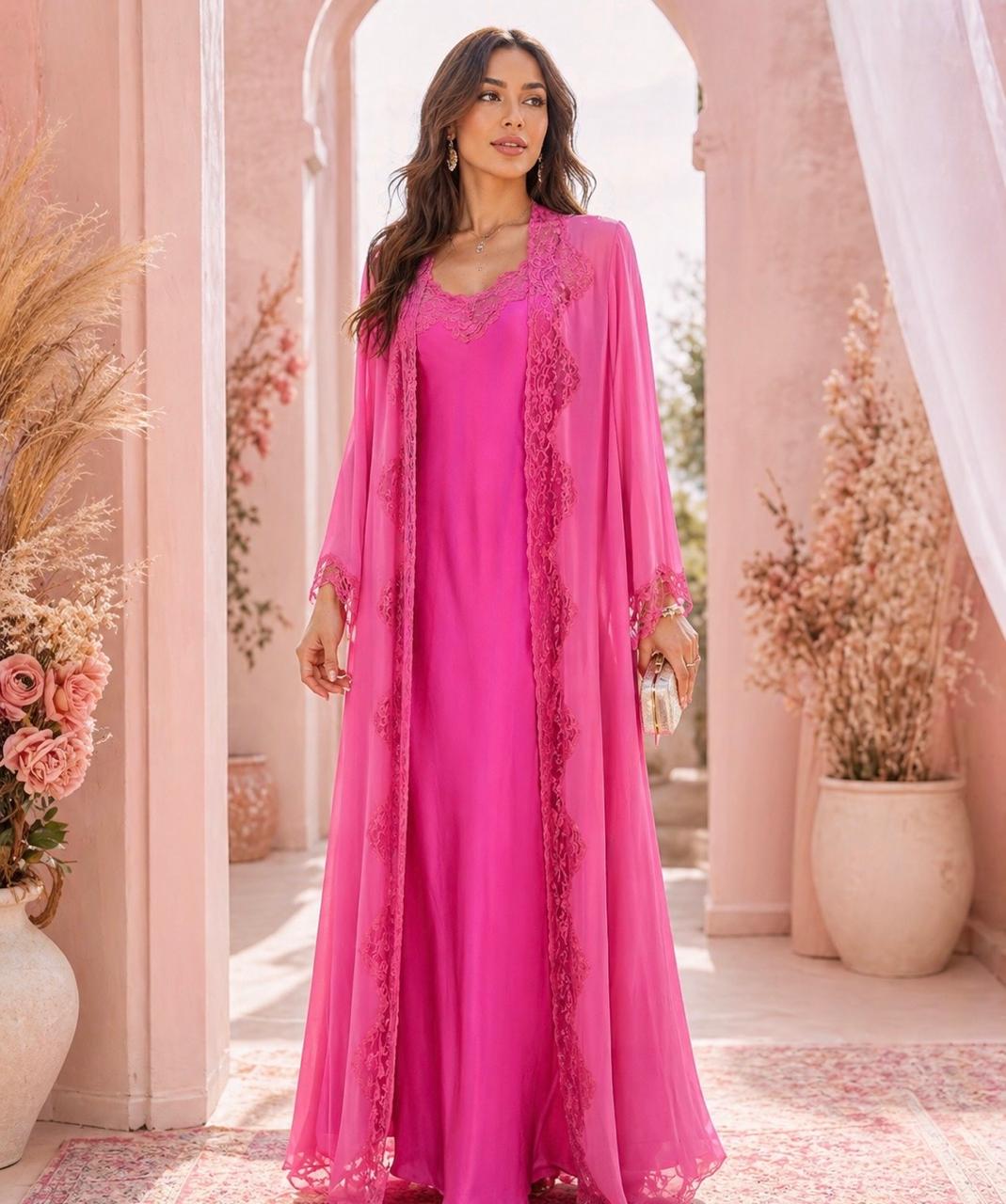 Fuchsia Lace-Trim Nightgown & Robe Set