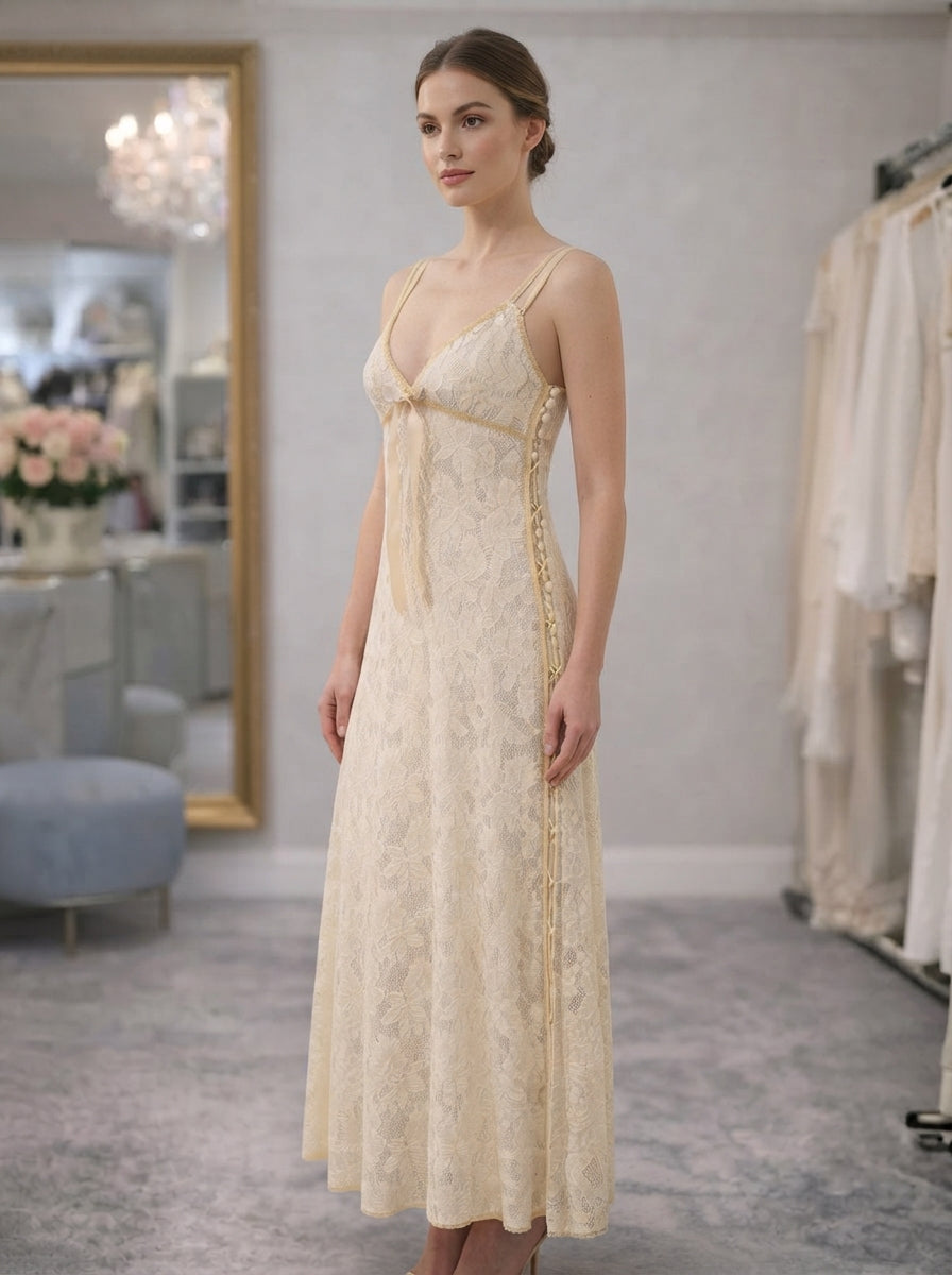 Ivory Lace Tie-Front Nightgown