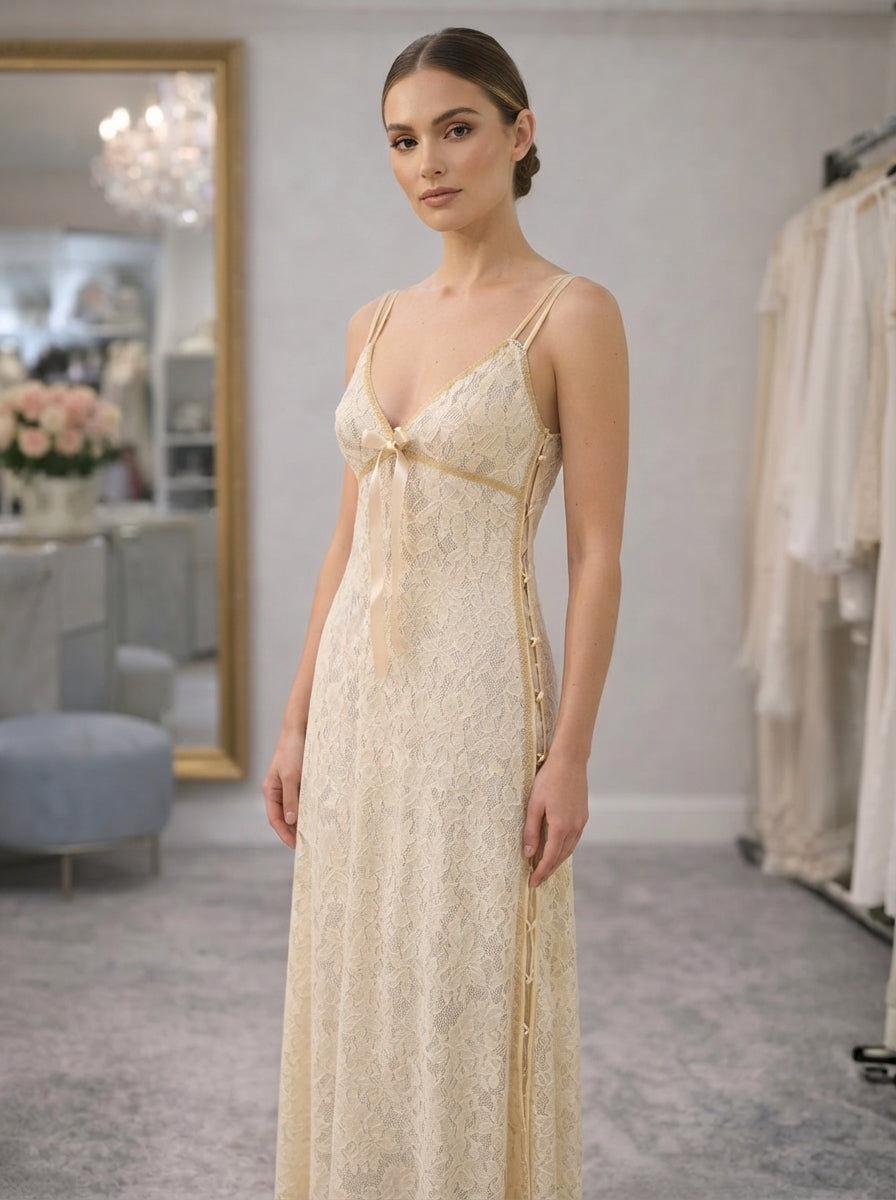 Ivory Lace Tie-Front Nightgown