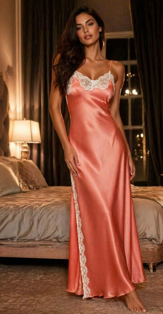 Coral Lace-Trim Nightgown Set