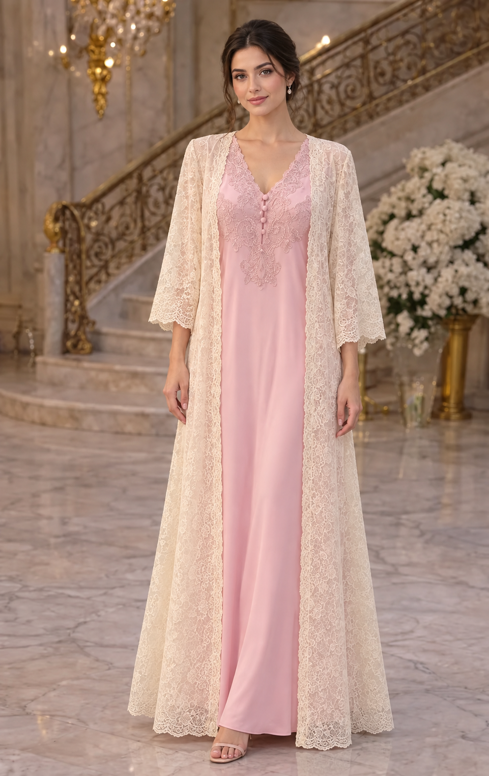 Pink Nightgown & Robe Set with Ivory Lace Overlay