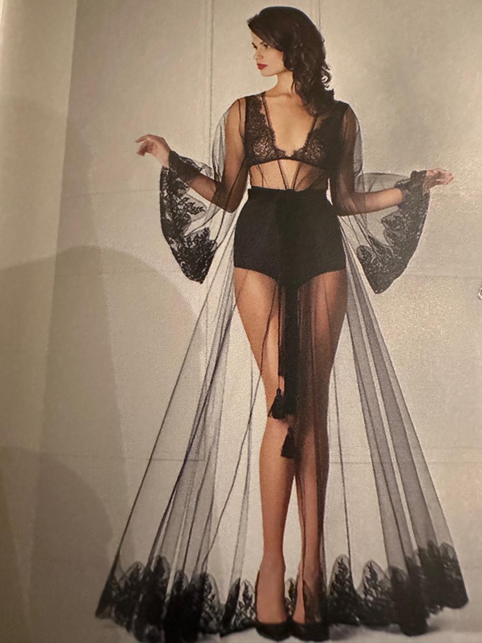 Black Sheer Lace-Trim Robe and Bodysuit Set