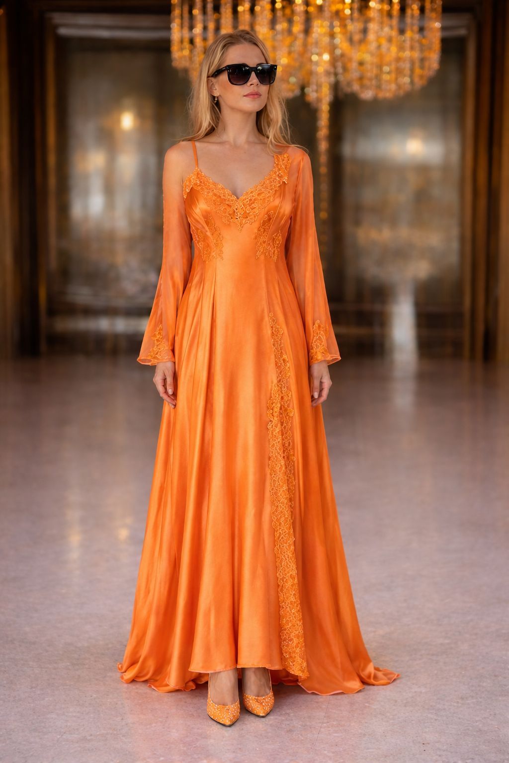 Orange Lace-Embroidered Nightgown Set