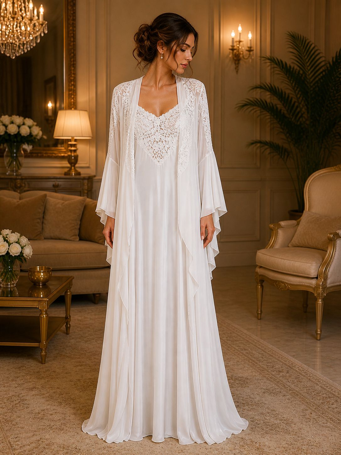 White Lace-Panel Nightgown and Robe Set