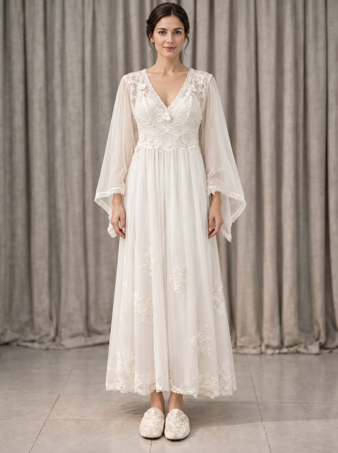 White Lace-Trim Cape Nightgown
