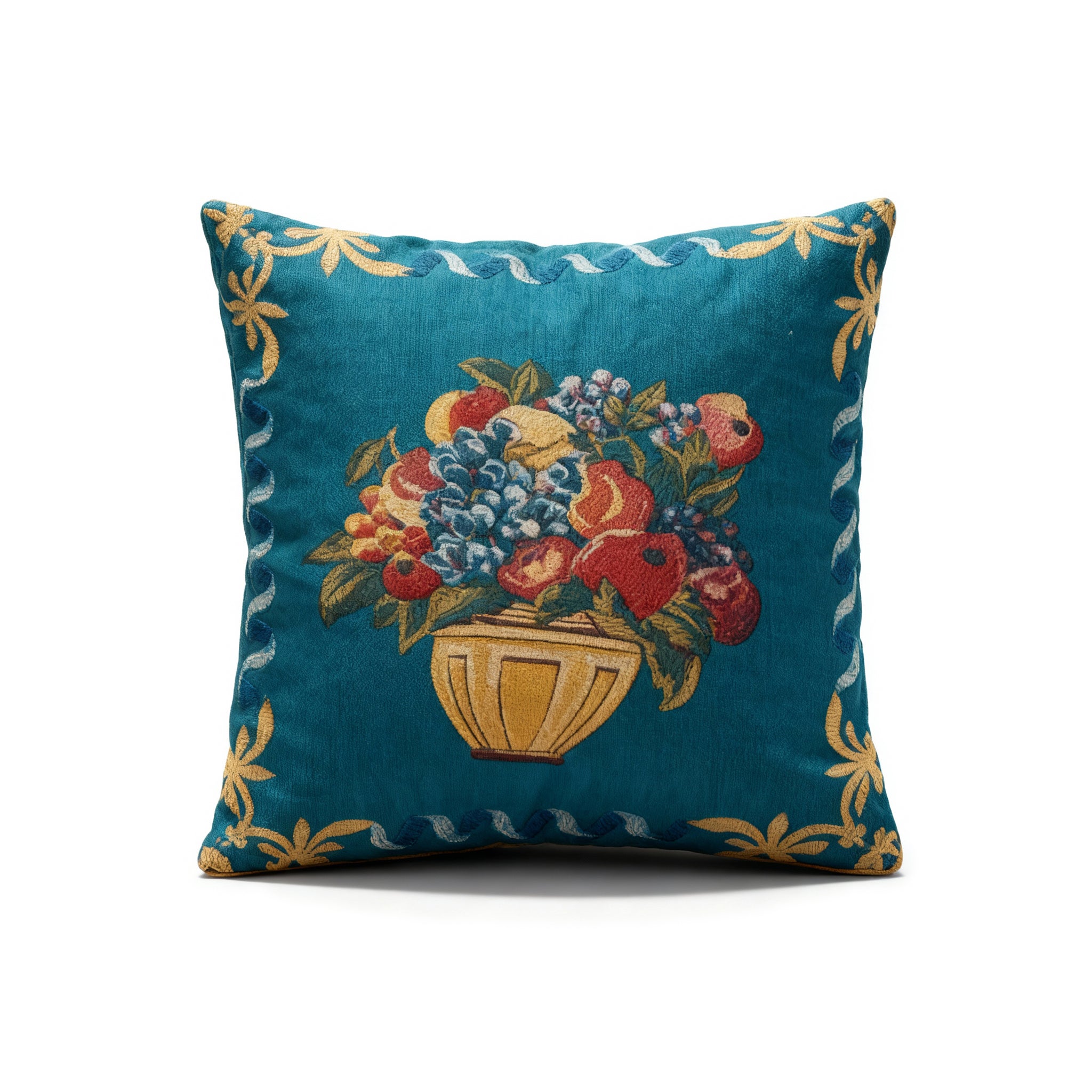 Idée Art Exclusive. Square Blue Cushion with Fruits Motif. Large Size