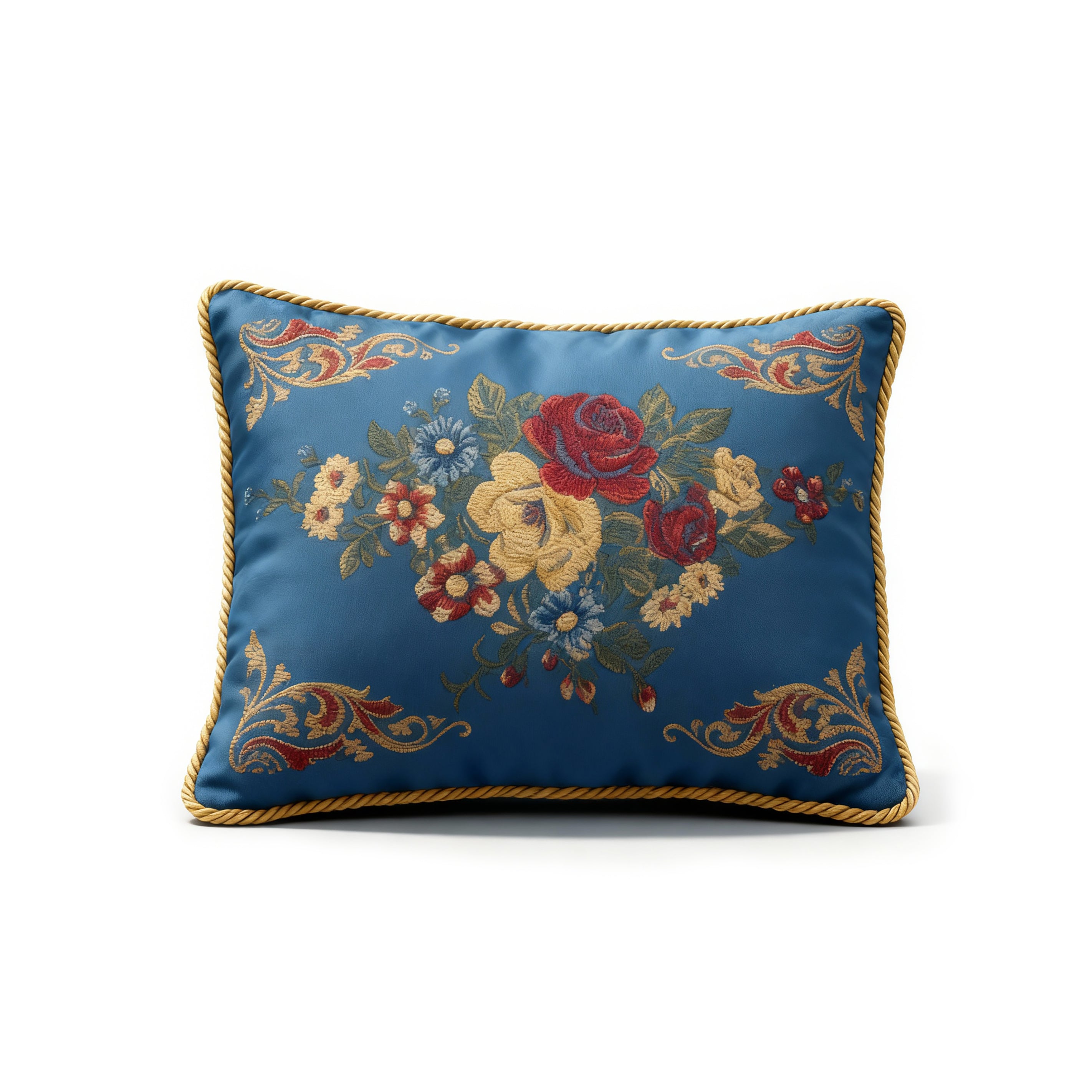 Idée Art Exclusive. Rectangular Blue Cushion with Floral Motif. Large Size