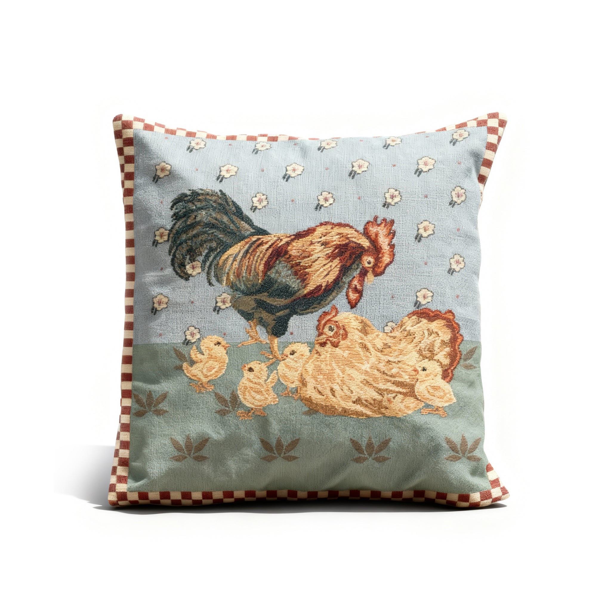Idée Art Exclusive. Square Cushion With Rooster, Hen, and Chicks Motif. Medium Size