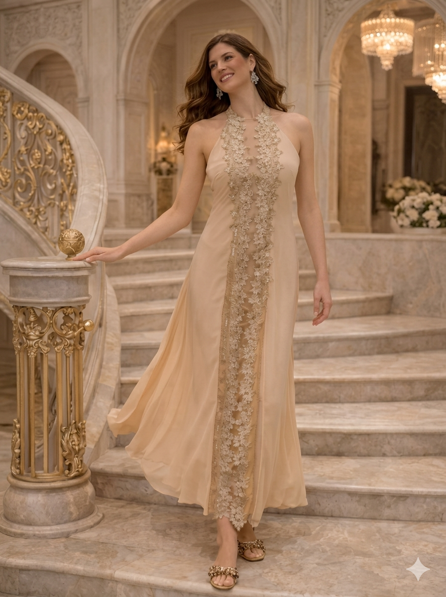 Champagne Embellished Halter Nightgown