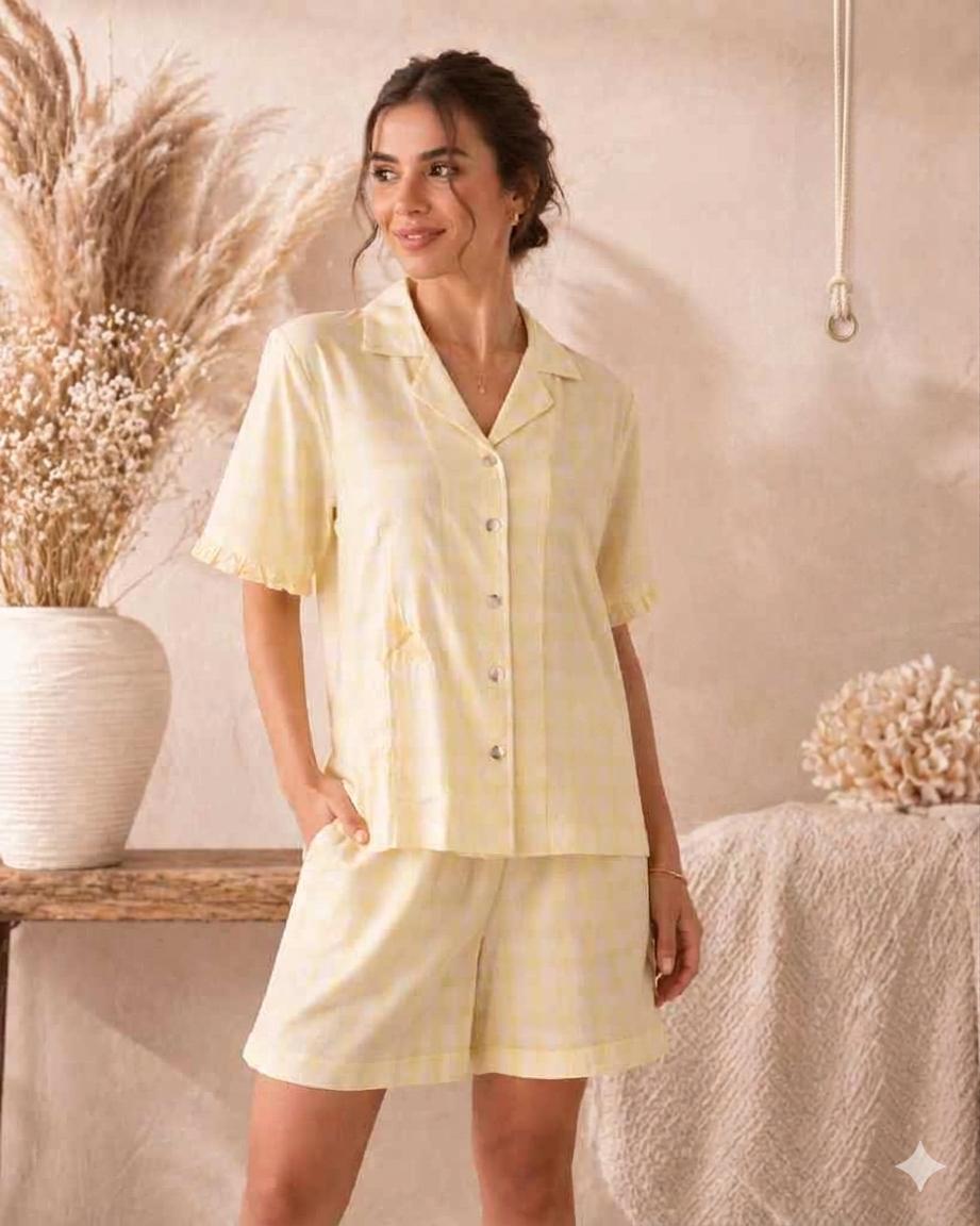 Pale Yellow Checked Short Pajama Set