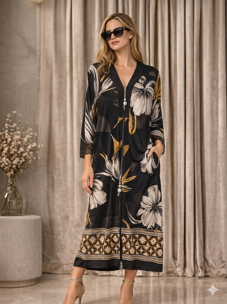 Black Floral-Print Zip-Front Kaftan