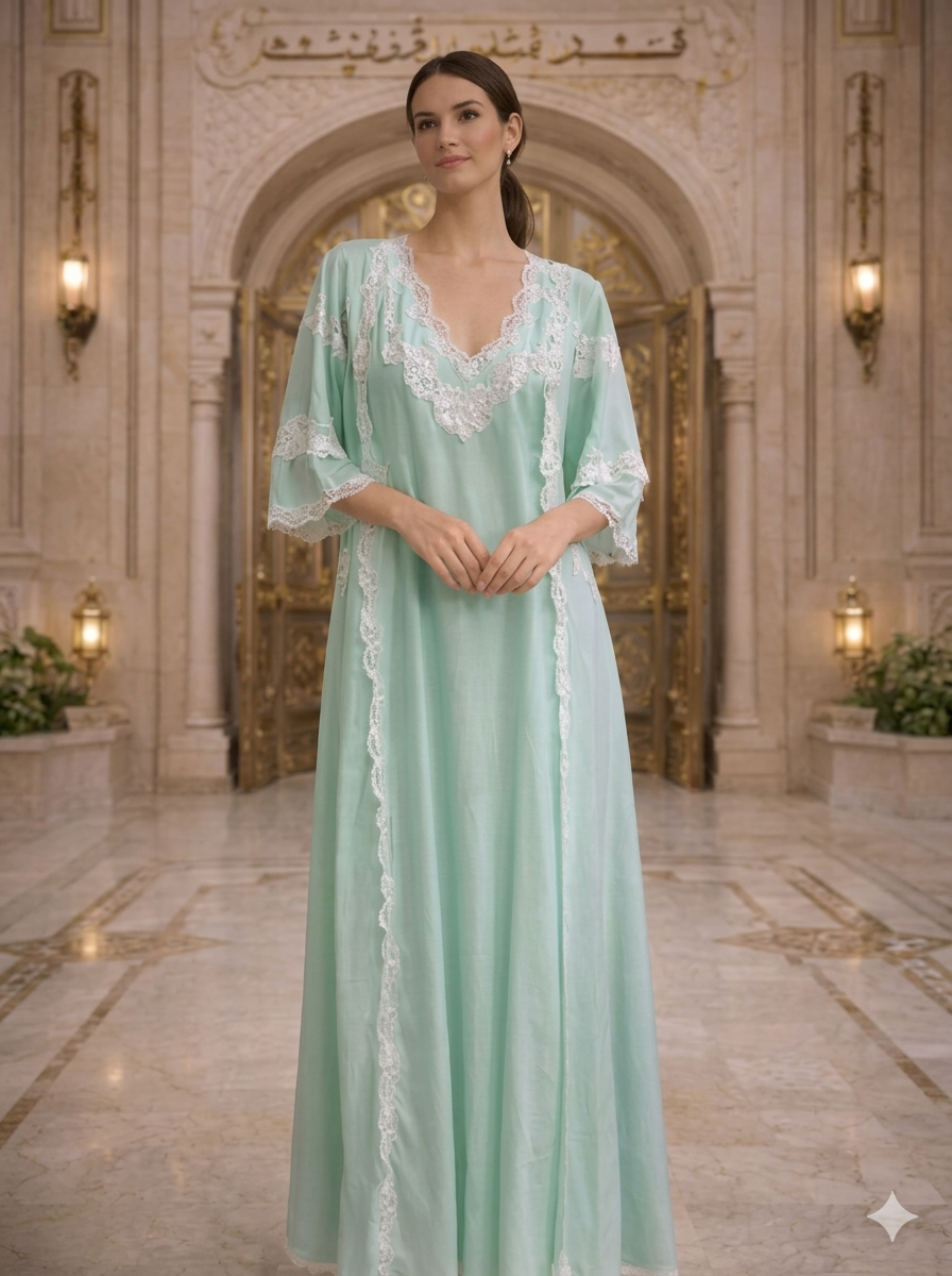 Mint Green Layered-Lace Kaftan