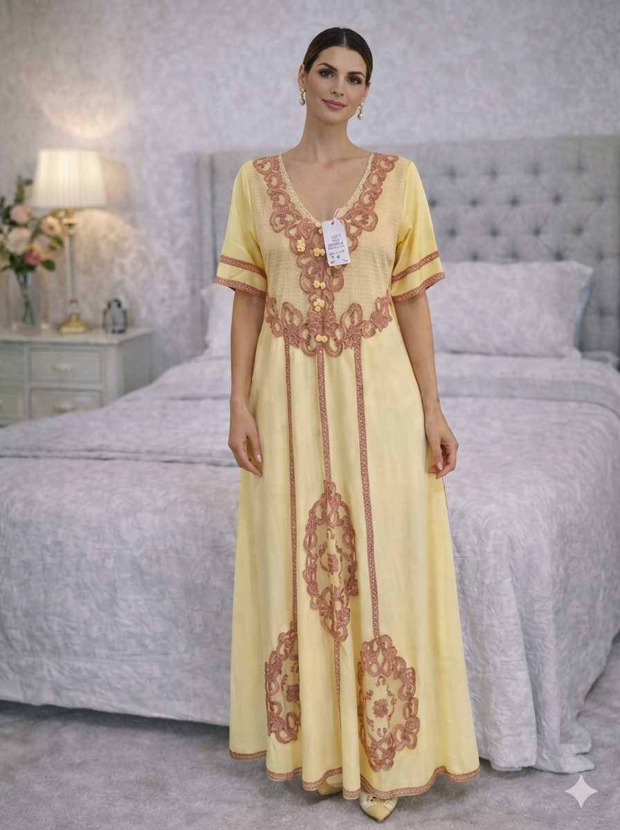 Yellow Kaftan with Rose Embroidery
