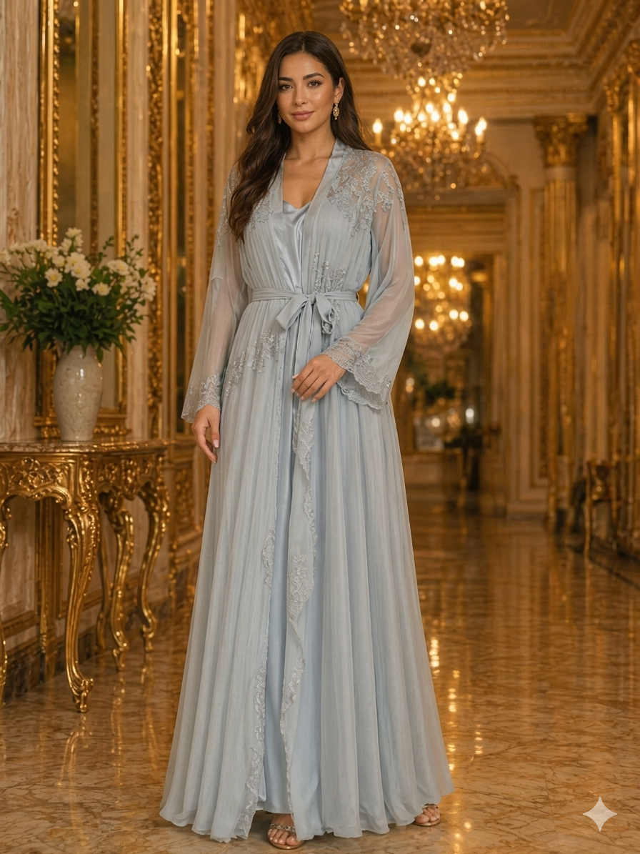 Powder Blue Embroidered Nightgown and Sheer Robe Set