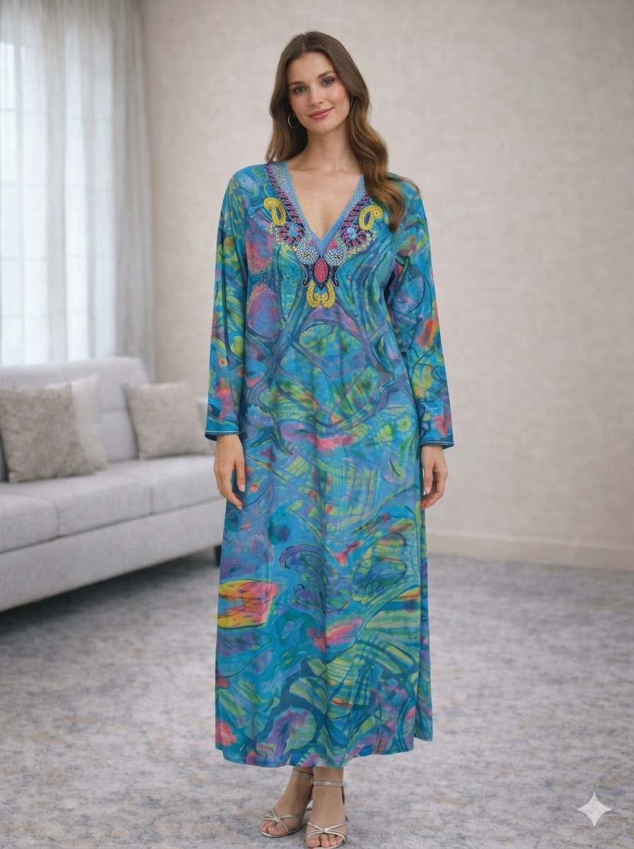 Blue Abstract-Print Embellished Kaftan