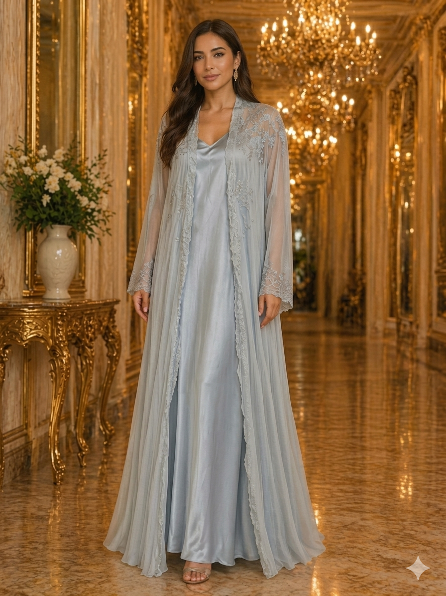 Powder Blue Embroidered Nightgown and Sheer Robe Set