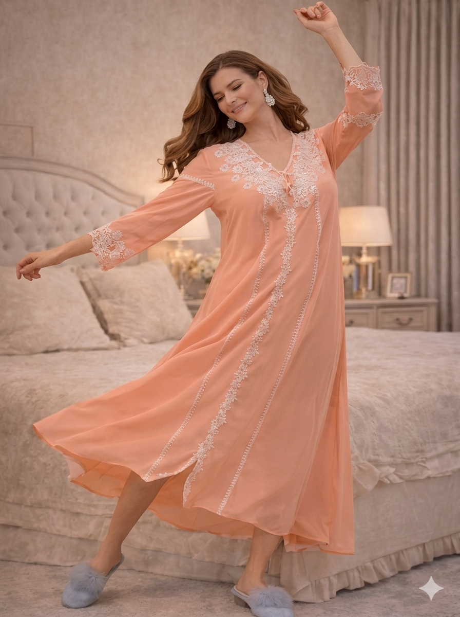 Peach White-Lace Kaftan