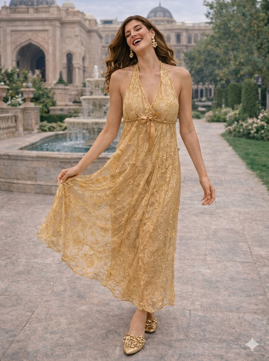 Gold Lace Halter Nightgown