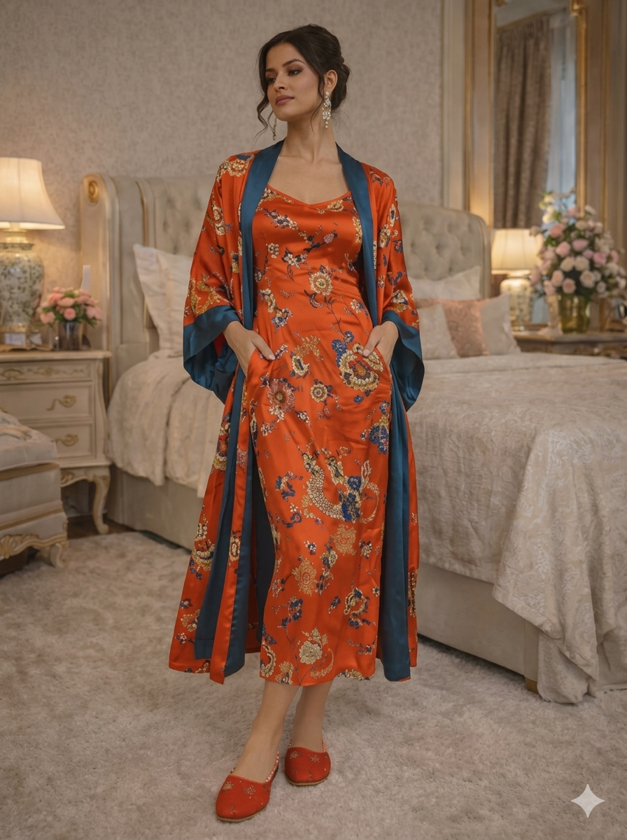 Orange Bird-Print Nightgown Set