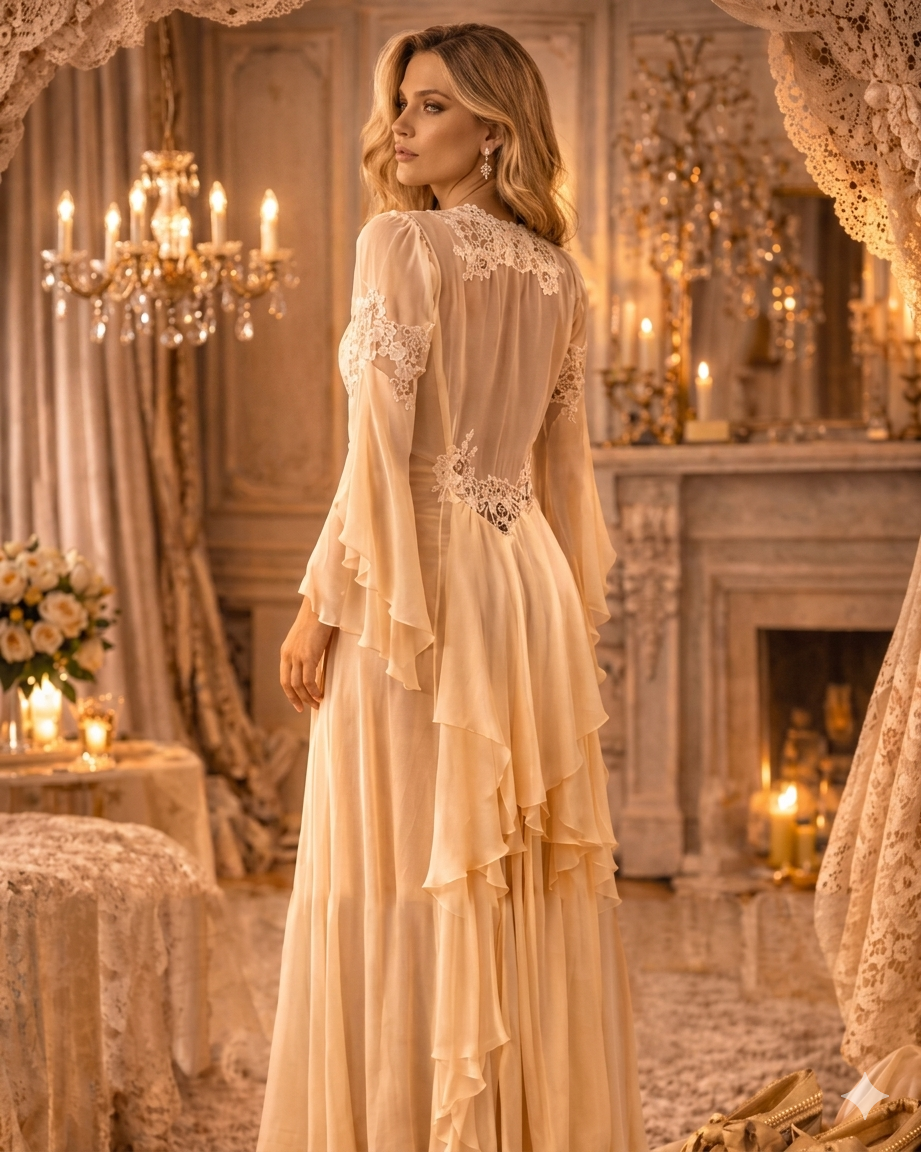 Ivory Ruffled-Lace Nightgown Set