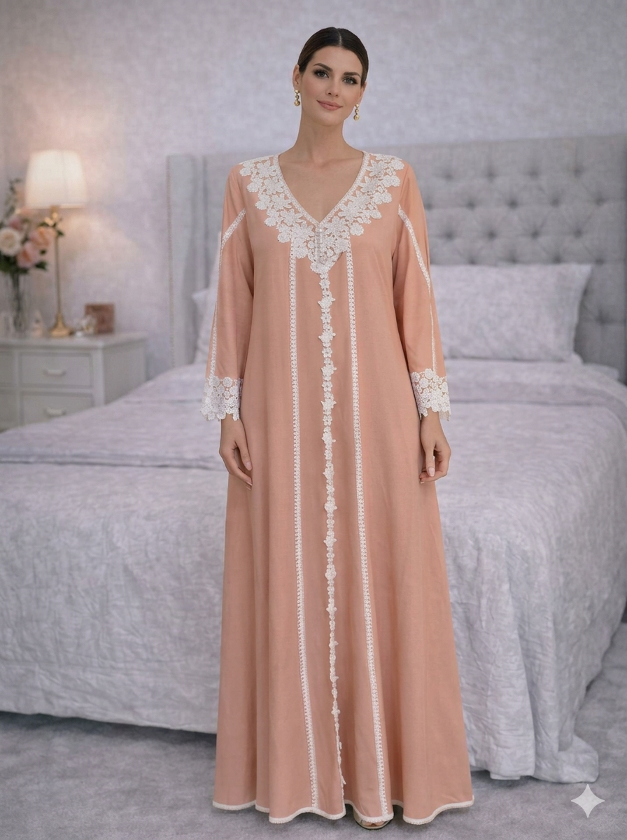 Peach White-Lace Kaftan