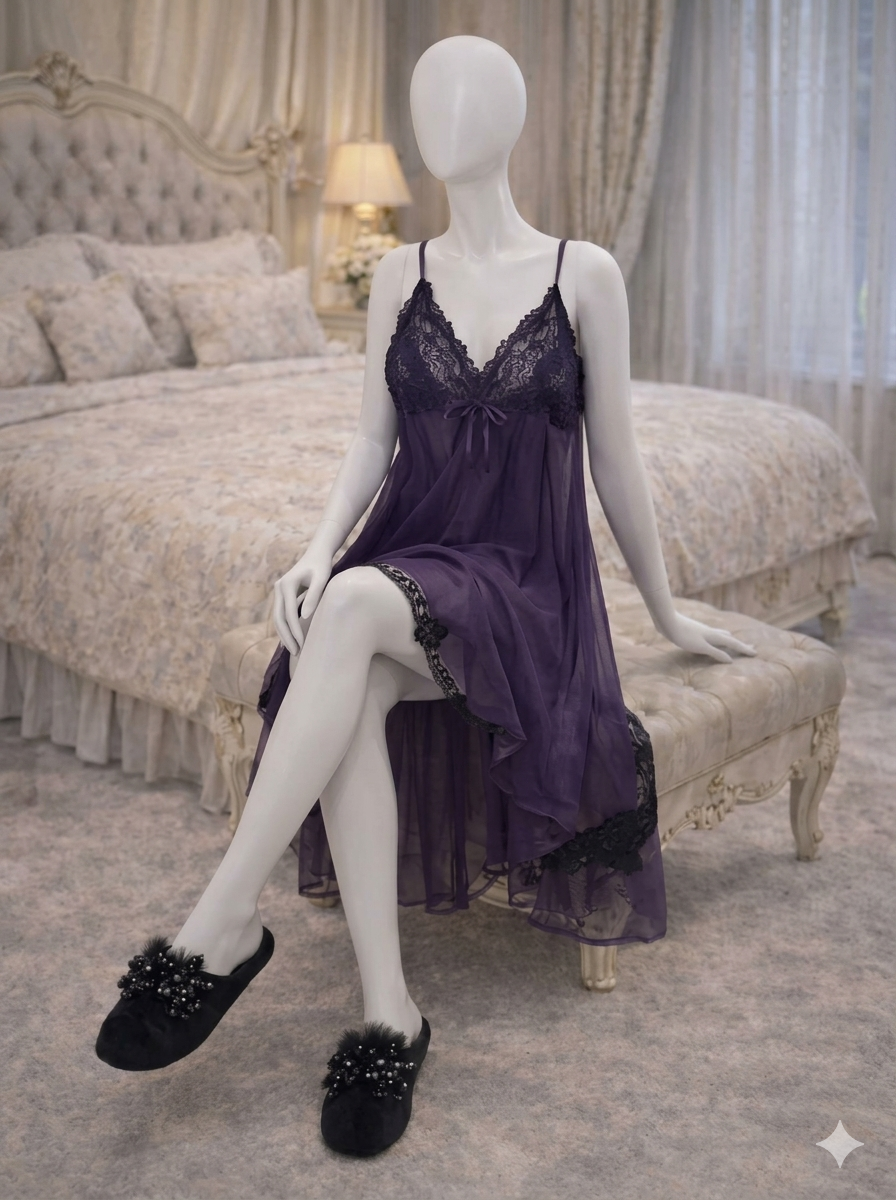 Plum Lace-Bodice High-Low Nightgown