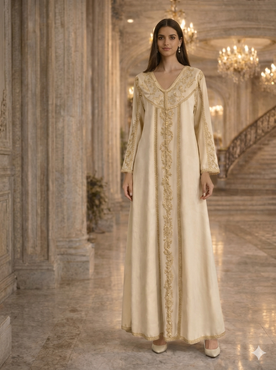 Ivory Kaftan with Gold Embroidery