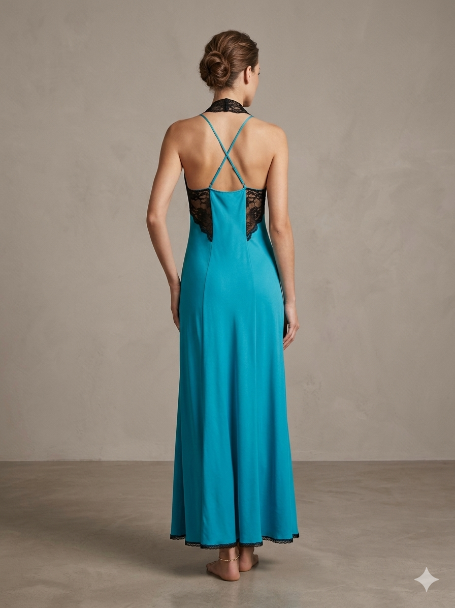 Turquoise Black-Lace Halter Nightgown