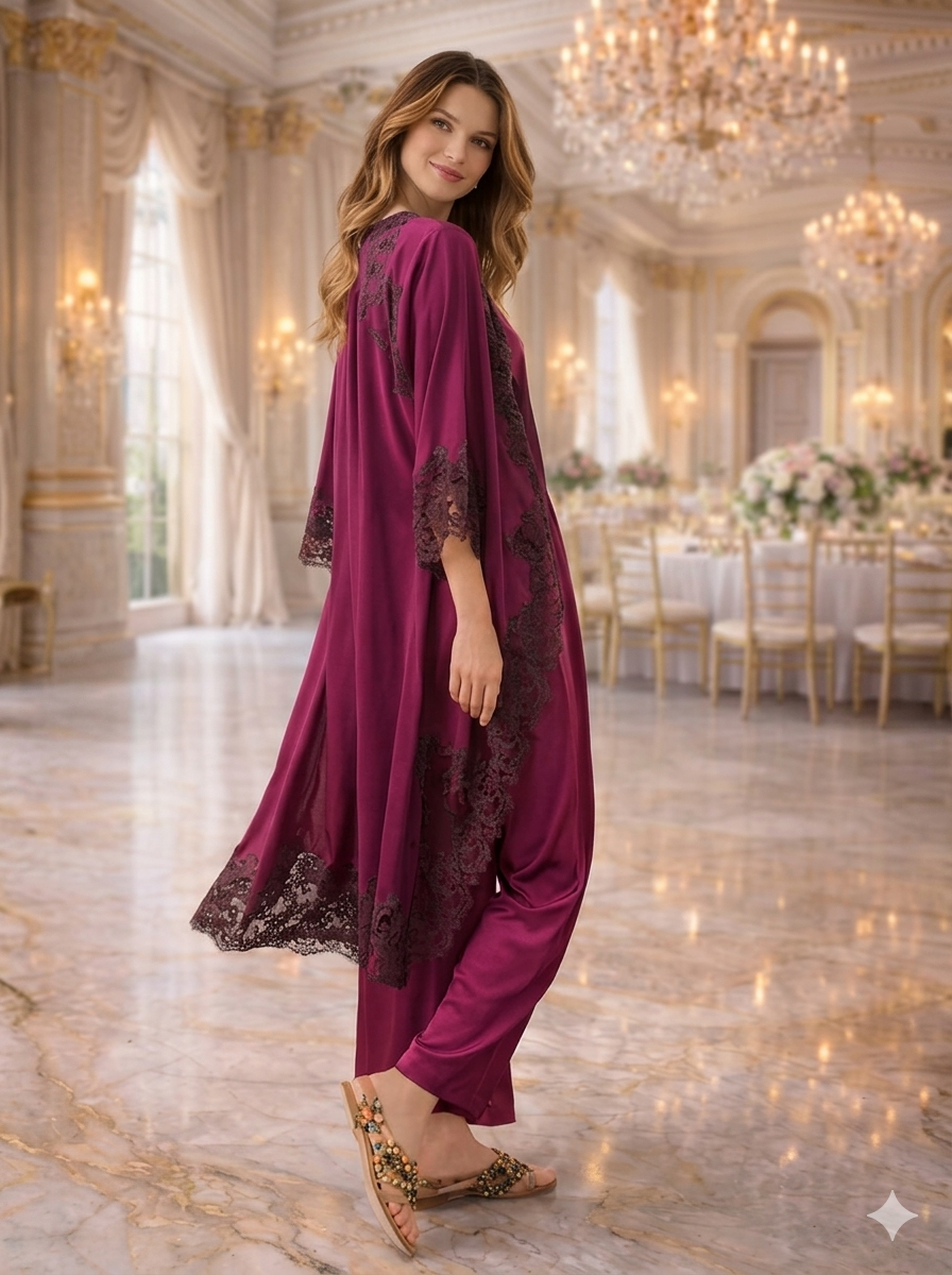 Fuchsia Lace Pajama and Robe Set