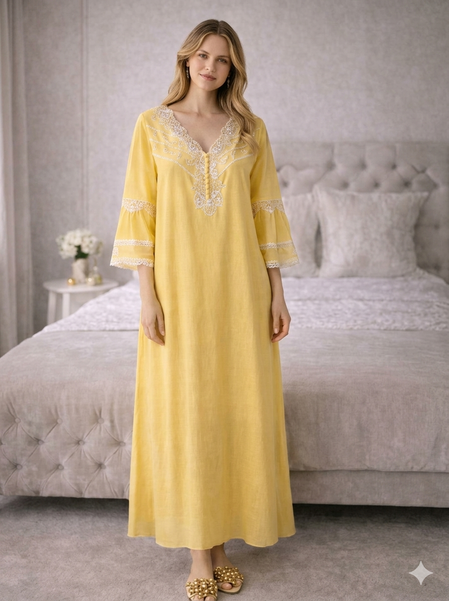 Yellow Embroidered Bell-Sleeve Kaftan