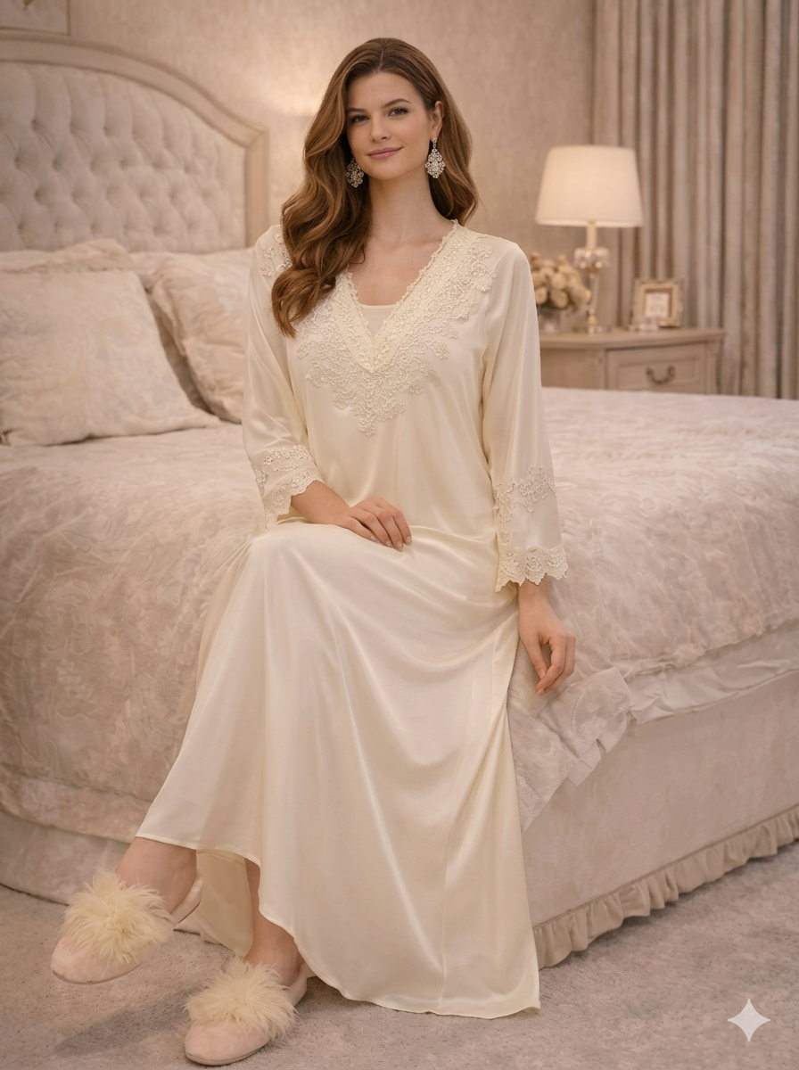 Ivory Lace-Trim Long-Sleeve Nightgown