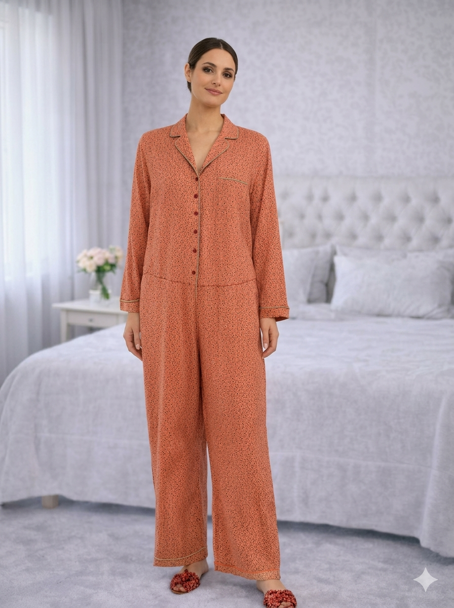 Rust Micro-Print Button-Front Pajama Set