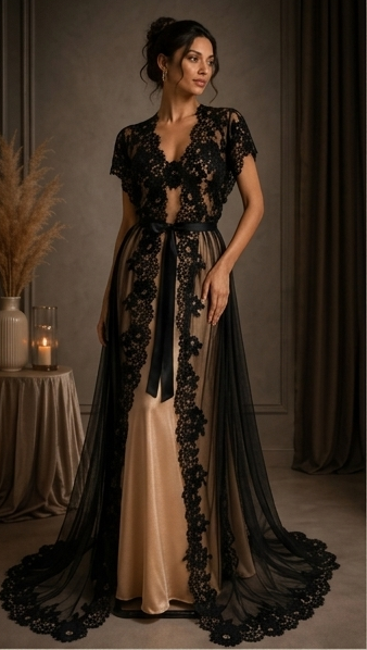 Champagne Black-Lace Nightgown Set