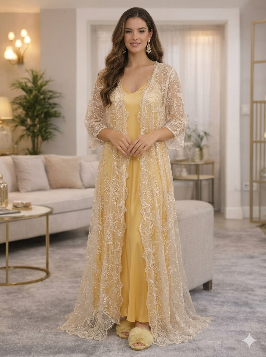 Yellow Embroidered Nightgown and Lace Robe Set