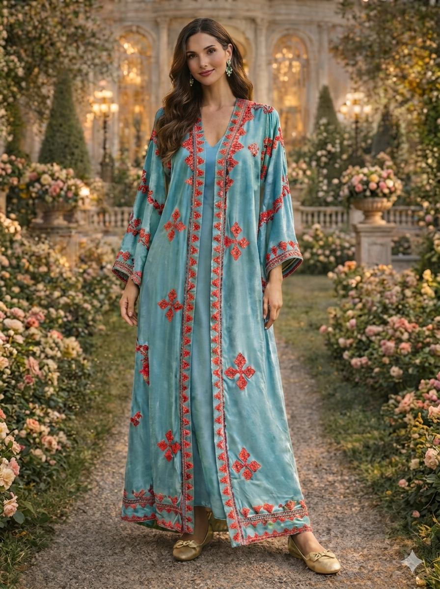 Turquoise Red-Embroidered Kaftan