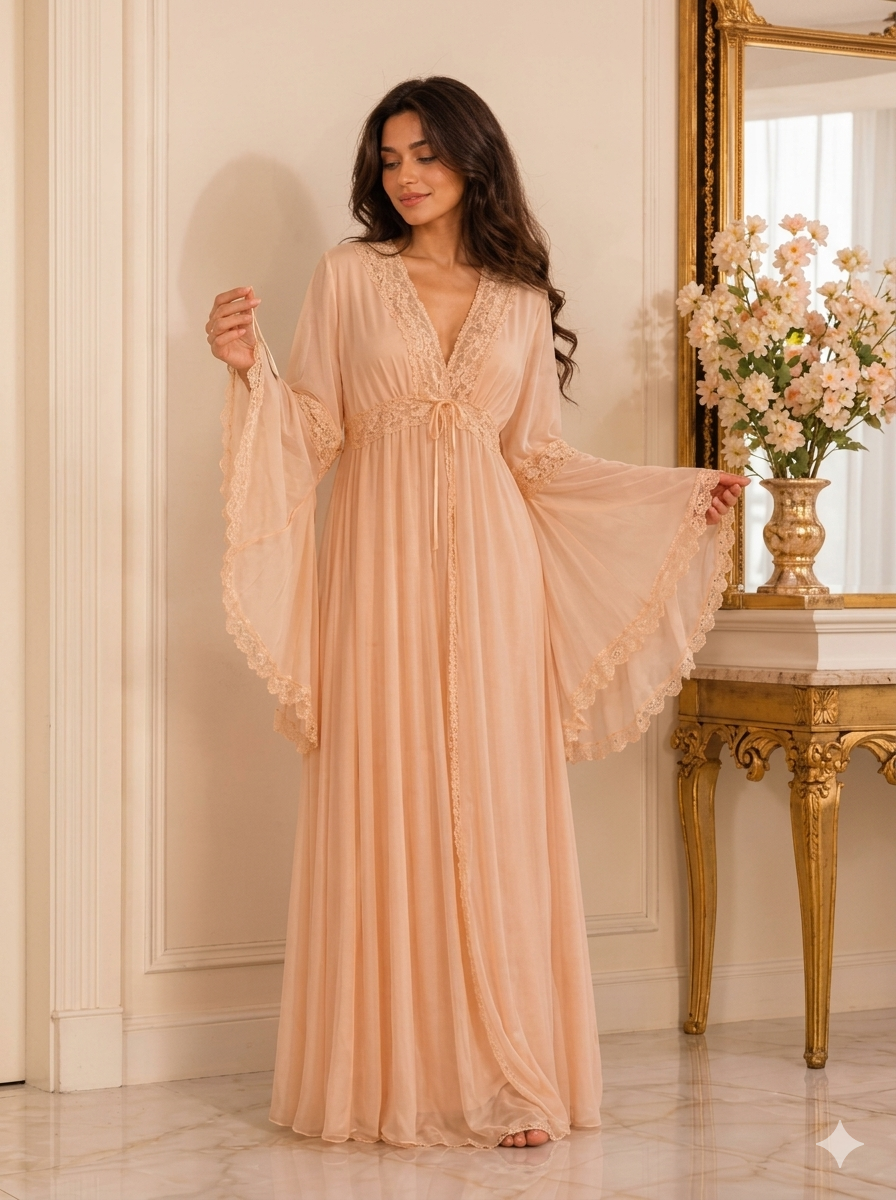Champagne Lace-Trim Nightgown and Robe Set