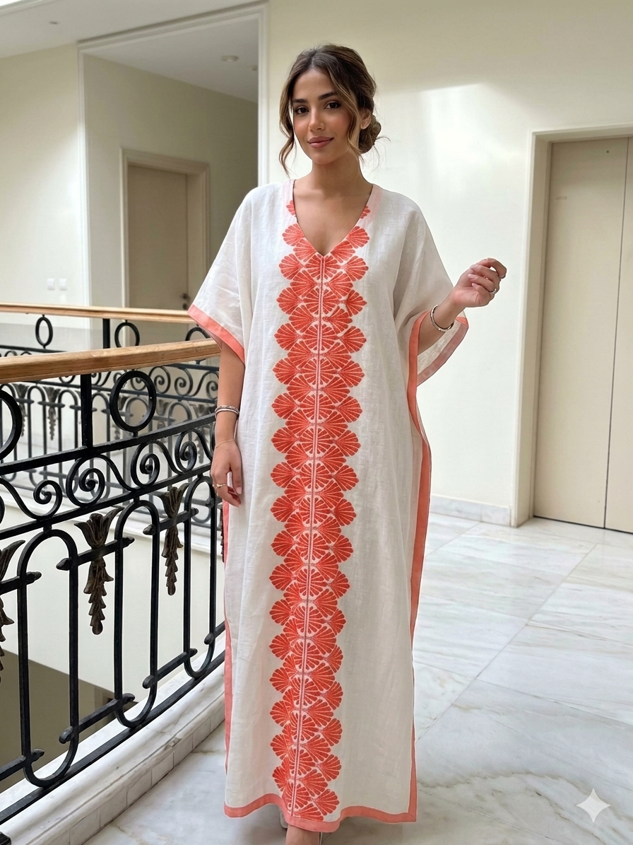 White Coral-Embroidered Kaftan