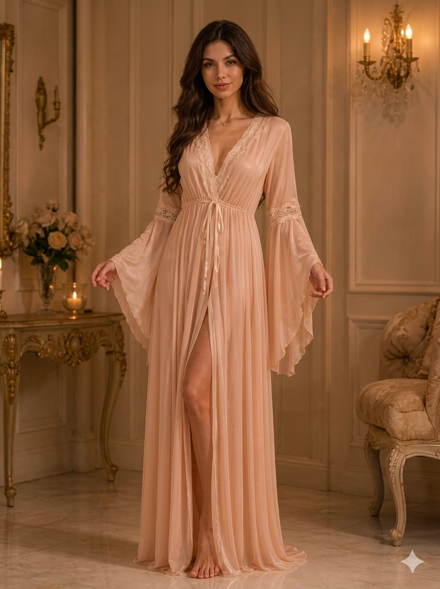 Champagne Lace-Trim Nightgown and Robe Set