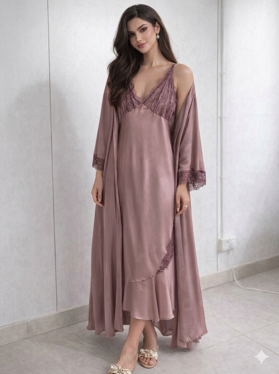 Mauve Lace Nightgown and Robe Set