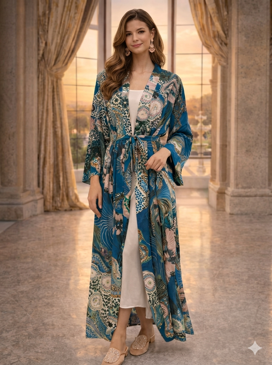 Teal Paisley-Print Tie-Waist Robe