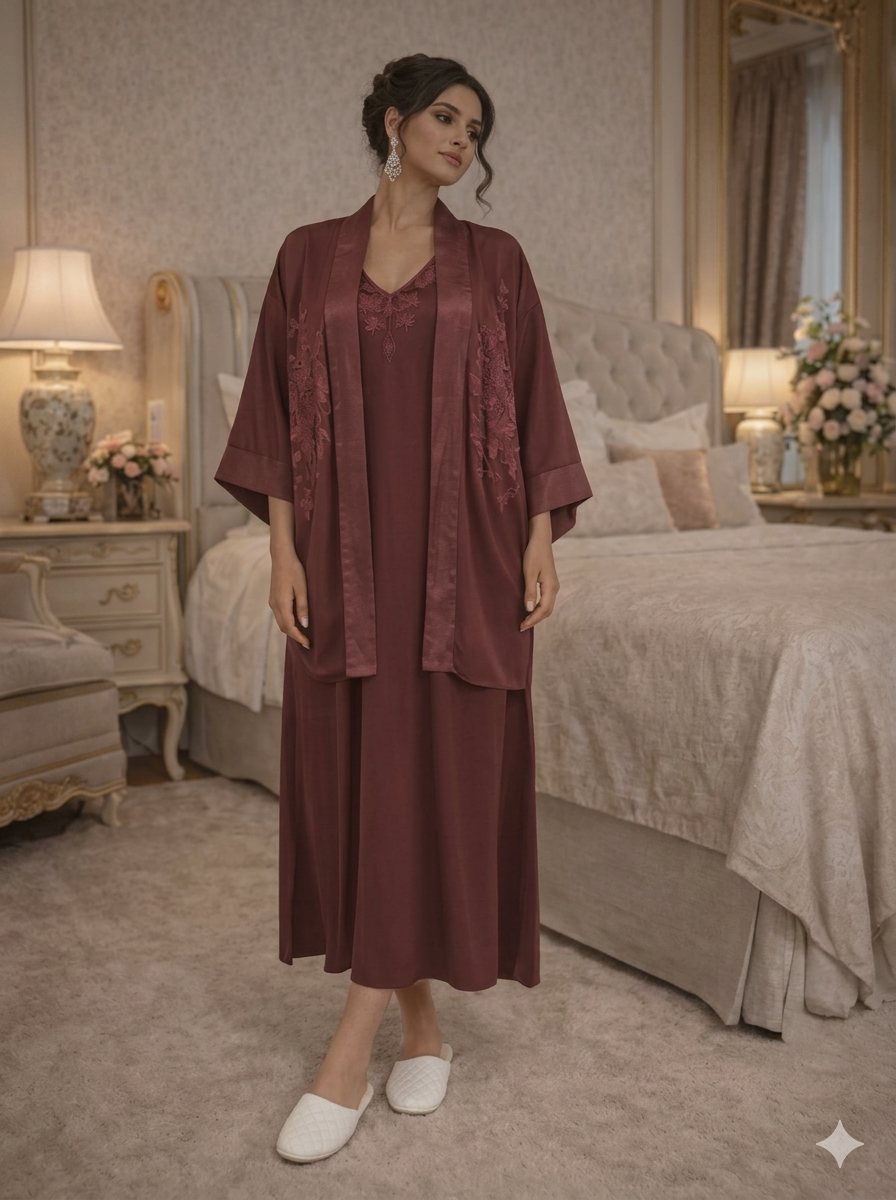 Burgundy Embroidered Nightgown Set